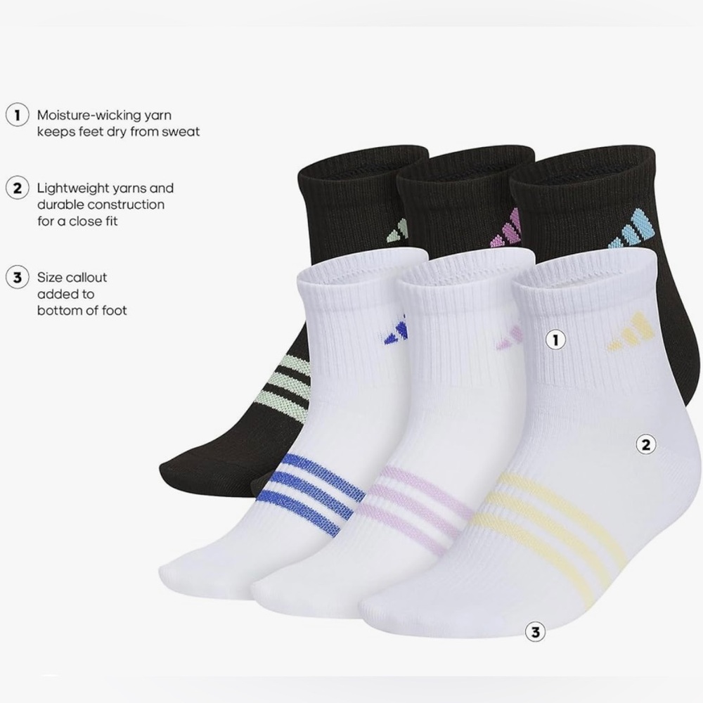 adidas Girls' Kids Superlite 3.0 Athletic
Quarter Socks (6-Pair) Ankle - Picture 2 of 9